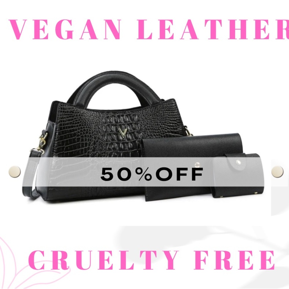 Vegan Leather Black Handbag Set recycled material